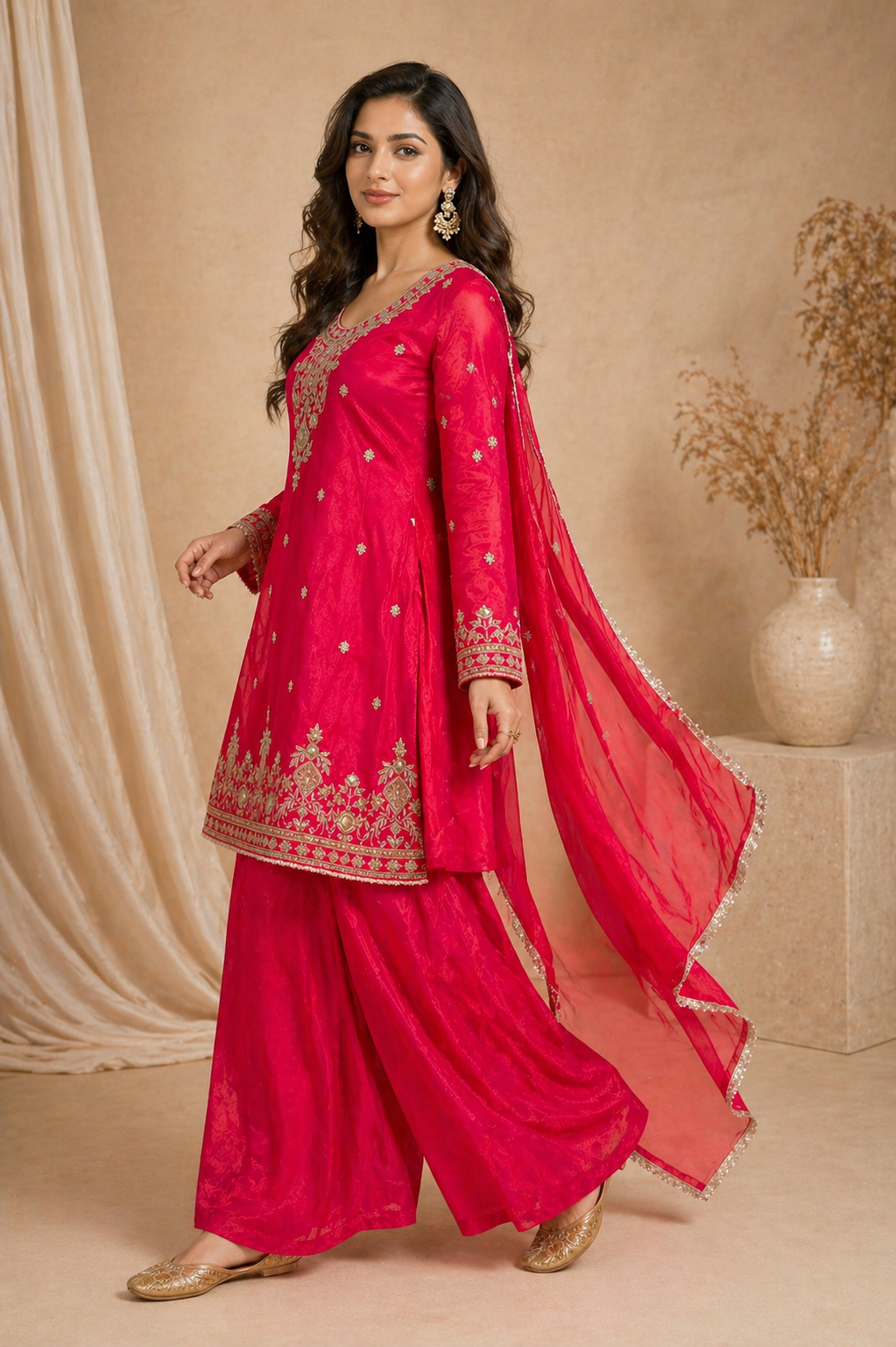 Elegant Pink Embroidered Kurti Set with Palazzo & Dupatta for Women