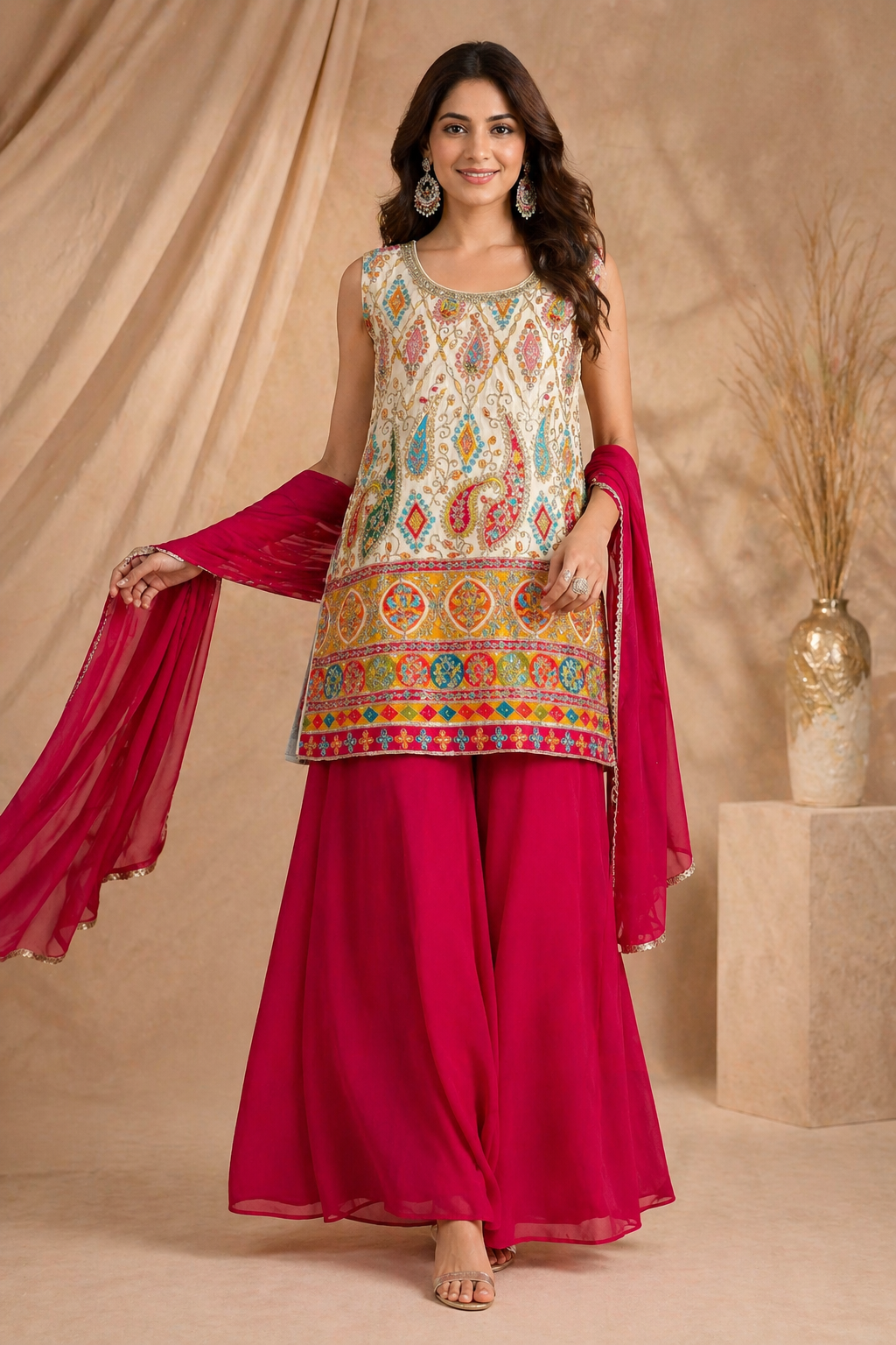 Ivory Multicolor Embroidered Kurti Palazzo Set with Dupatta