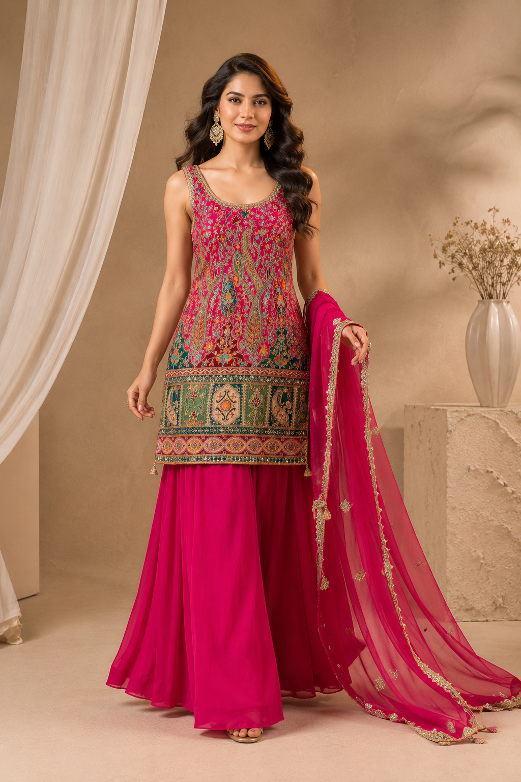 Luxury Fuchsia Printed Kurti with Palazzo Embroidered Chiffon Dupatta