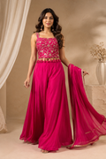 Elegant Fuchsia Embroidered Crop Top with Palazzo Chiffon Dupatta