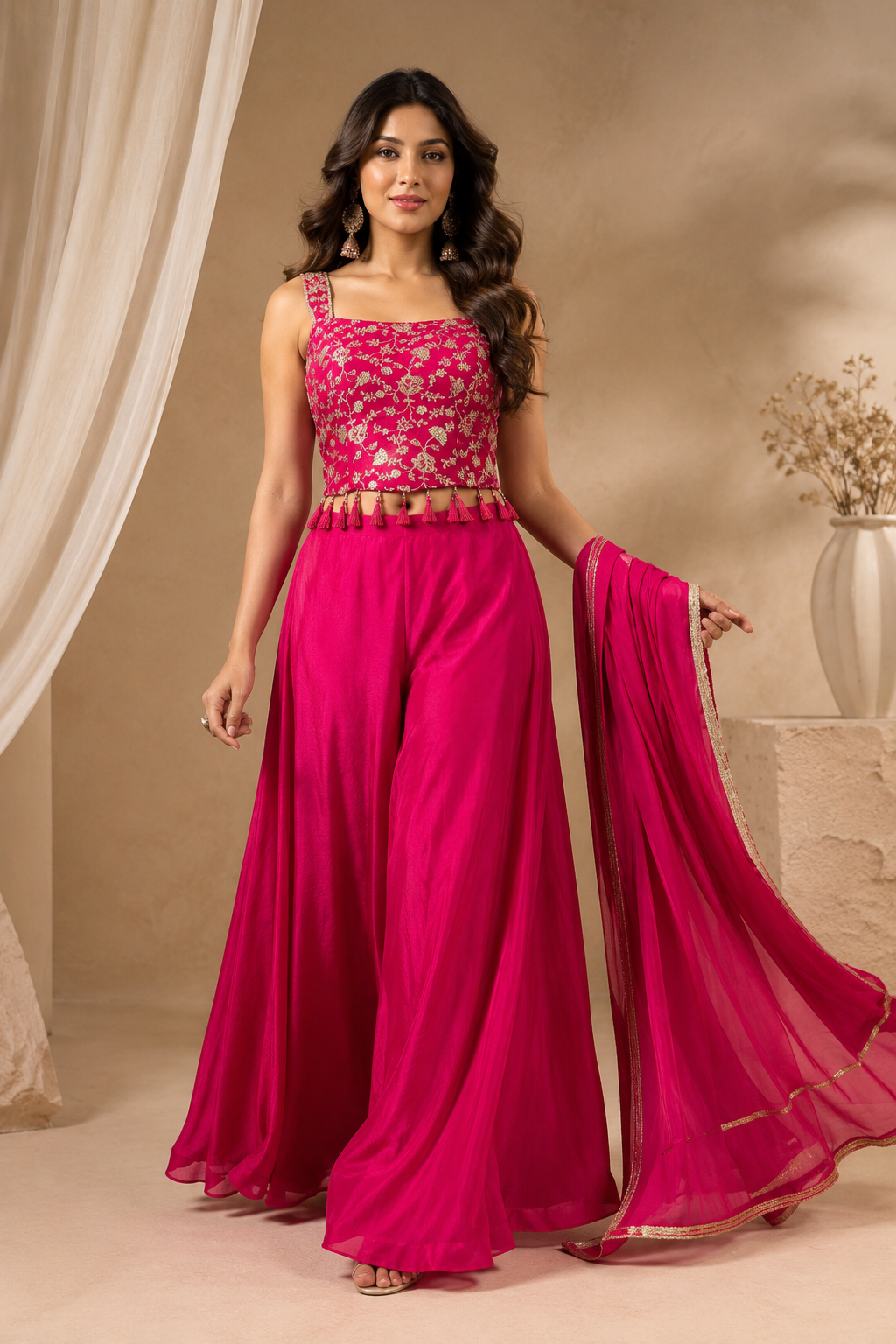 Elegant Fuchsia Embroidered Crop Top with Palazzo Chiffon Dupatta