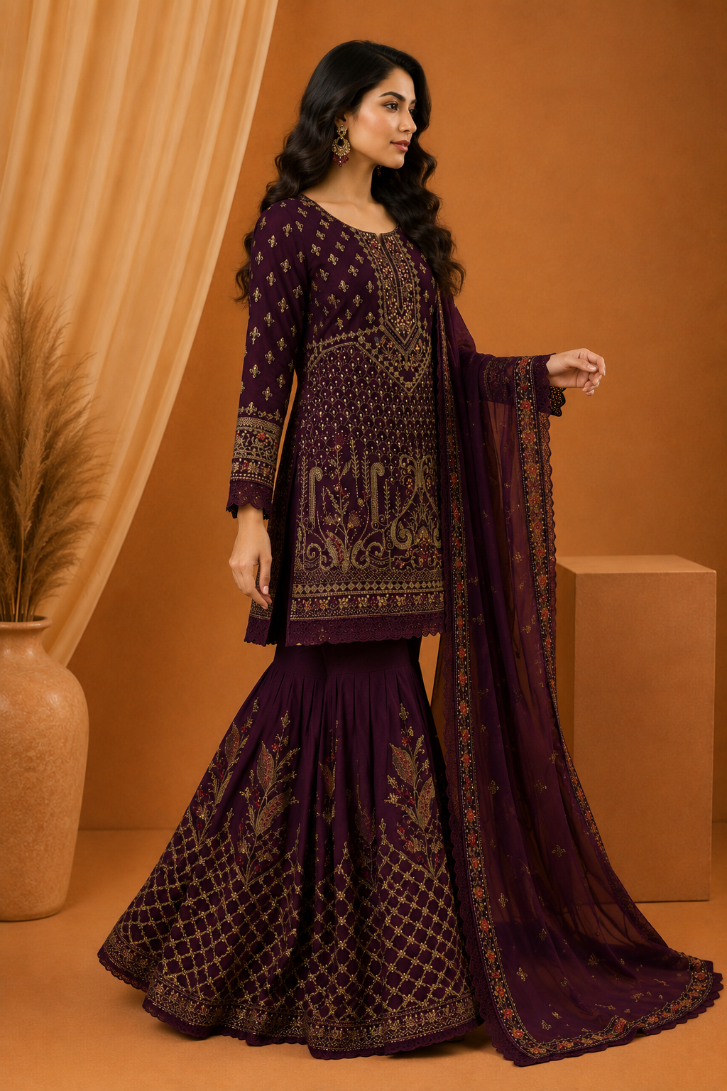 Agha Noor Plum Embroidered Sharara Suit with Dupatta