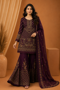 Agha Noor Plum Embroidered Sharara Suit with Dupatta