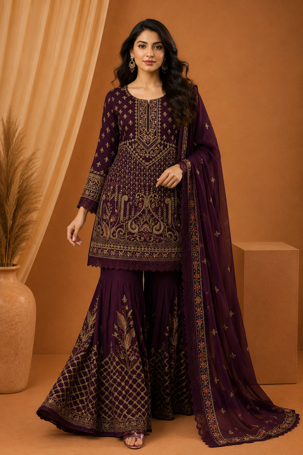 Agha Noor Plum Embroidered Sharara Suit with Dupatta