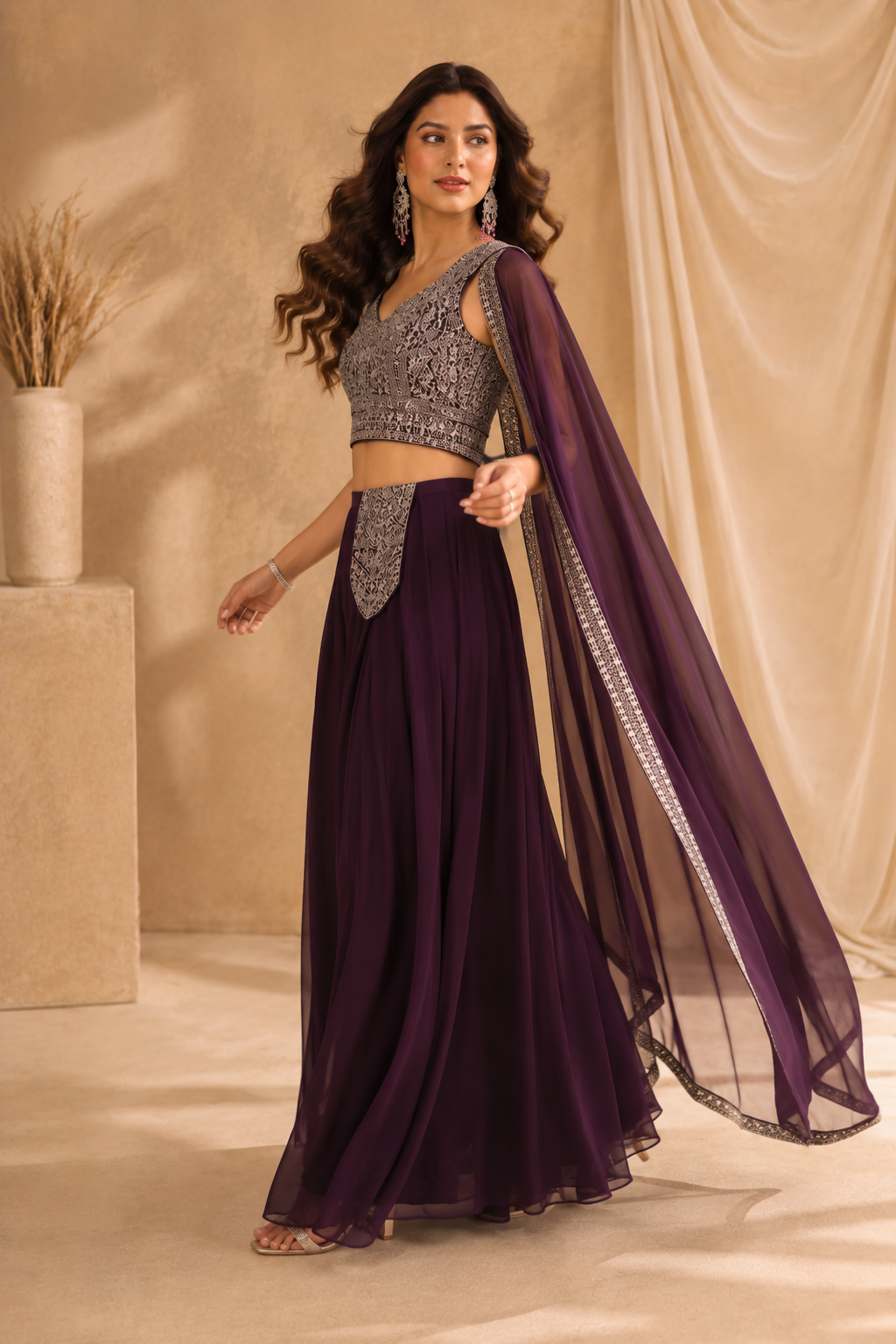 Elegant Purple Embroidered Crop Top with Palazzo Chiffon Dupatta
