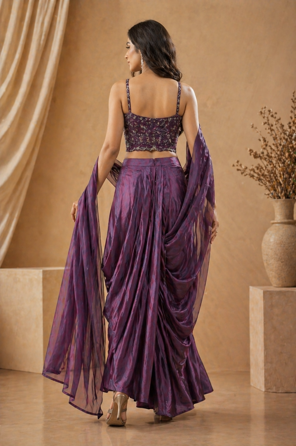 Deep Purple Indo-Western Lehenga Set with Embroidered Crop Top