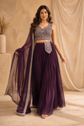 Elegant Purple Embroidered Crop Top with Palazzo Chiffon Dupatta