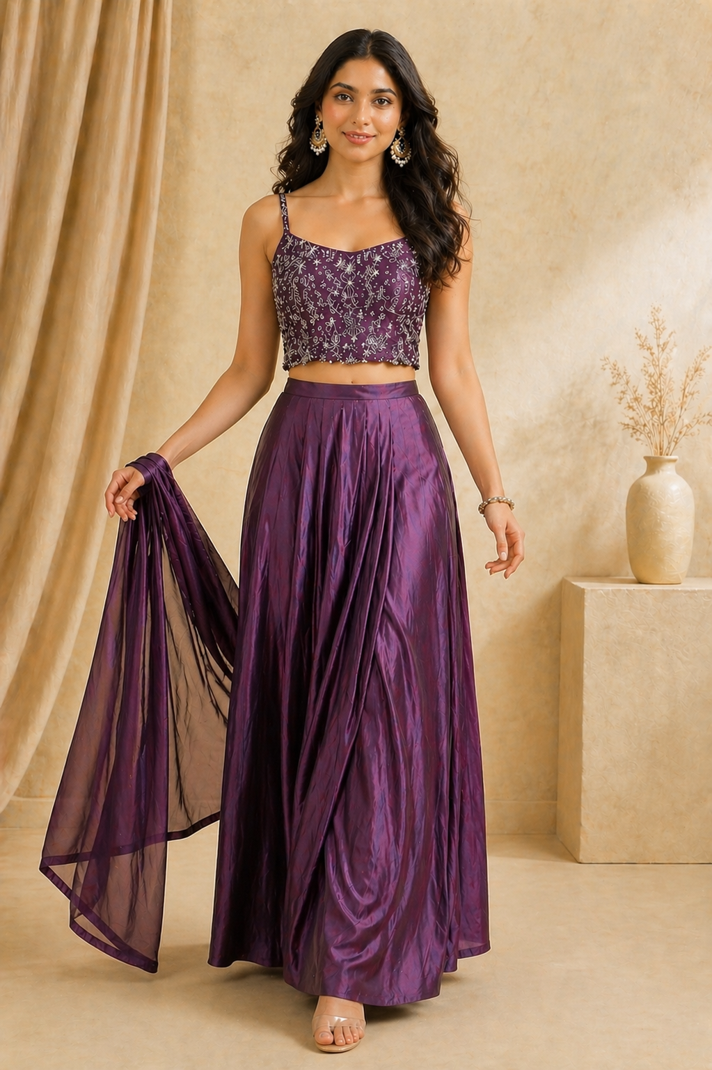 Deep Purple Indo-Western Lehenga Set with Embroidered Crop Top