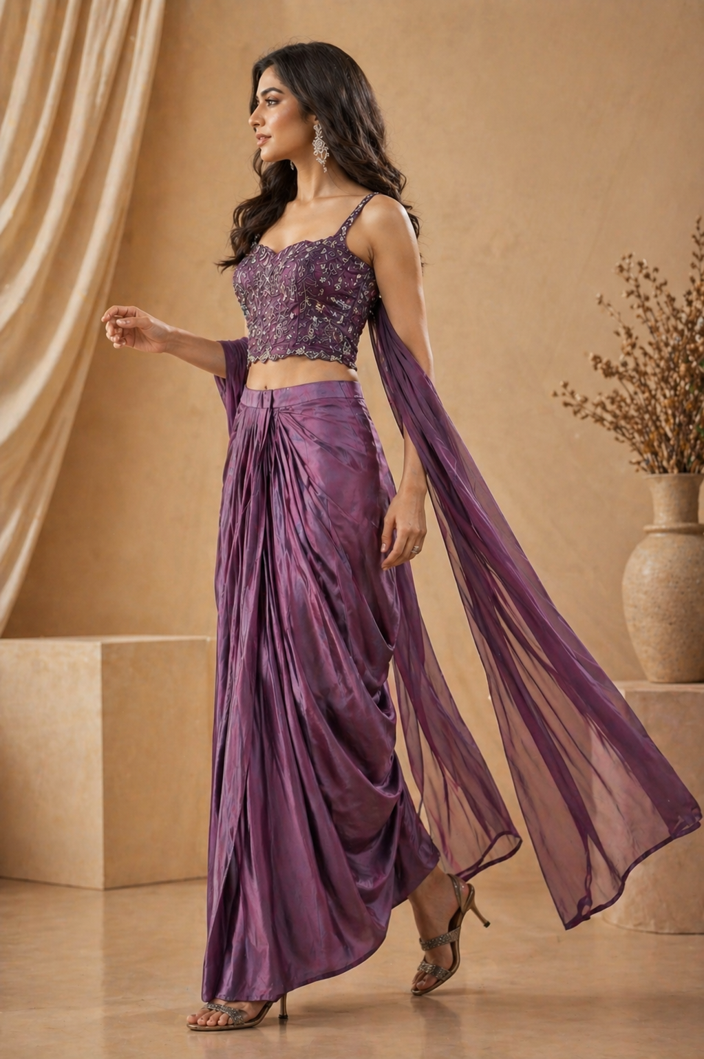 Deep Purple Indo-Western Lehenga Set with Embroidered Crop Top