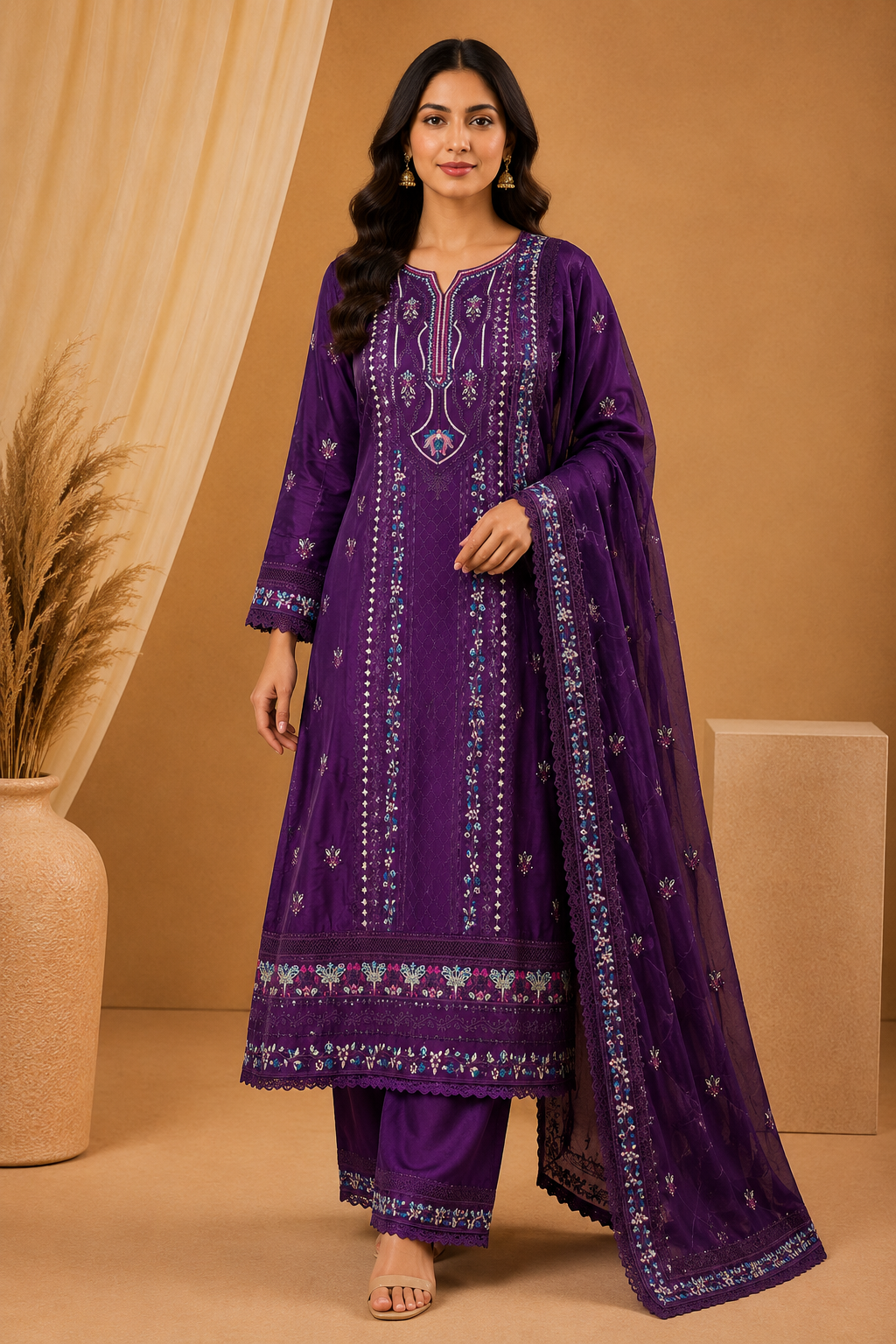Agha Noor Royal Purple Silk Embroidered Pakistani Suit Set for Women