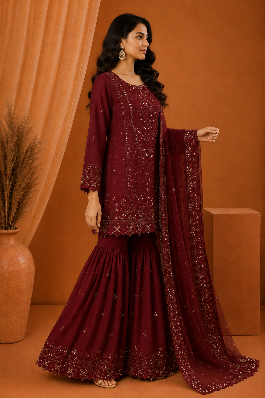 Sada Bahar Maroon Embroidered Sharara Suit with Net Dupatta