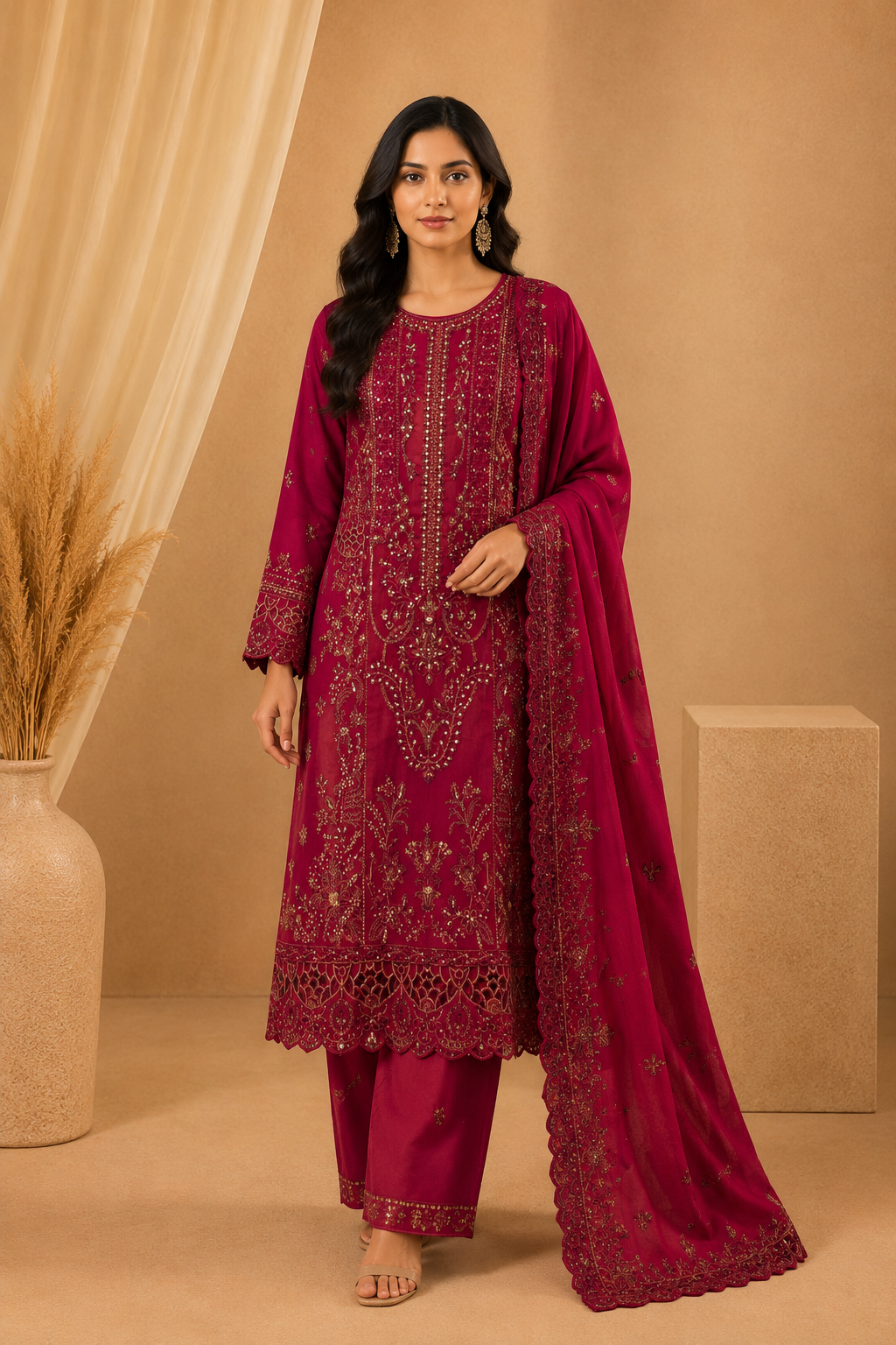 Sada Bahar Magenta Chiffon Embroidered Pakistani Suit Set for Women