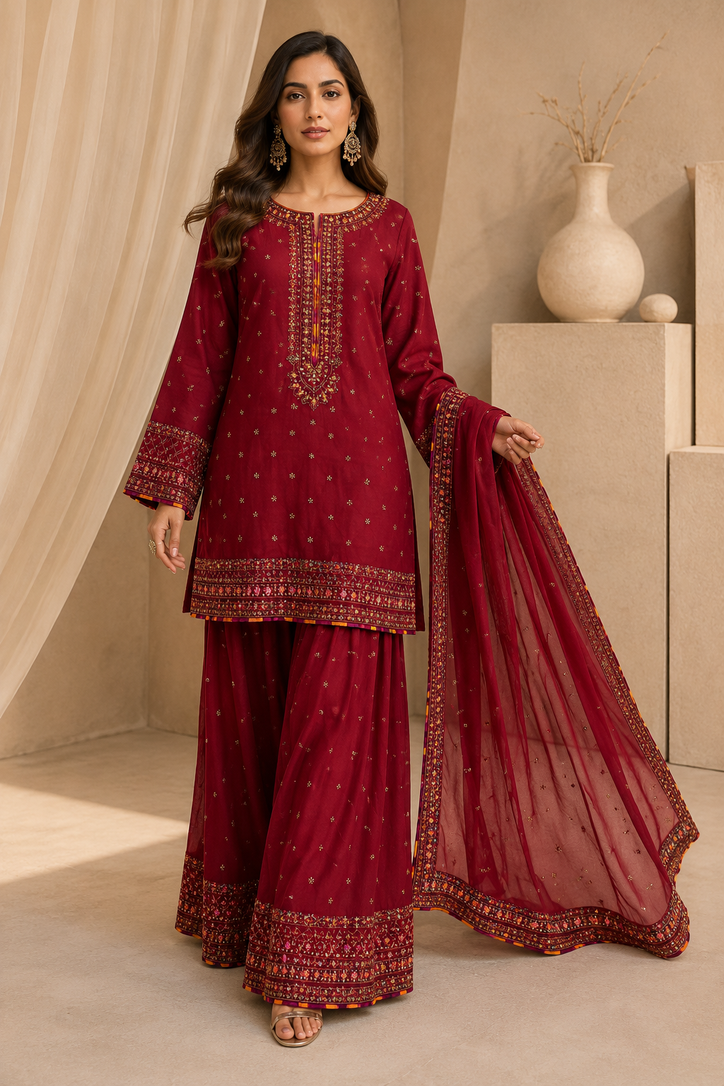 Sada Bahar Maroon Embroidered Sharara Suit with Net Dupatta for Women