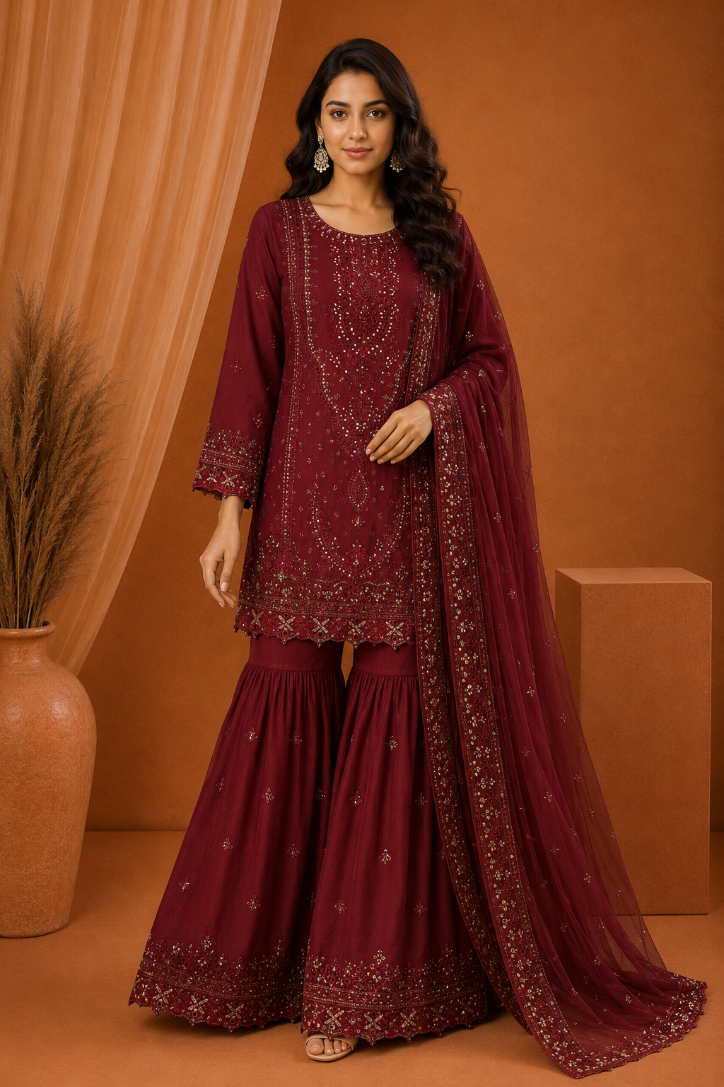 Sada Bahar Maroon Embroidered Sharara Suit with Net Dupatta