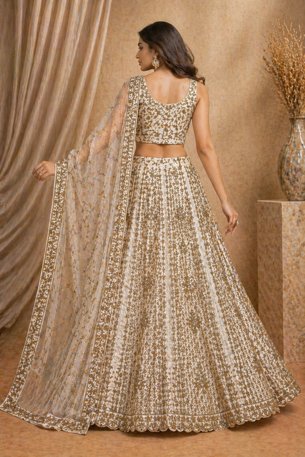 White & Gold Embroidered Lehenga Set with Crop Blouse & Dupatta (semi-stitched)