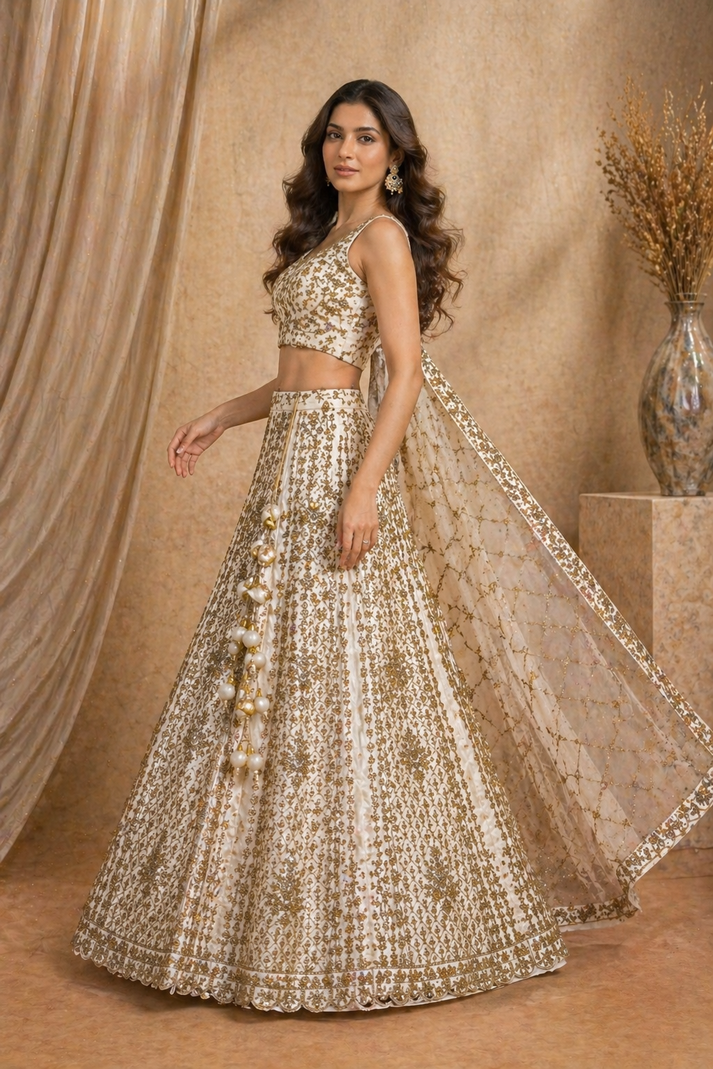 White & Gold Embroidered Lehenga Set with Crop Blouse & Dupatta (semi-stitched)