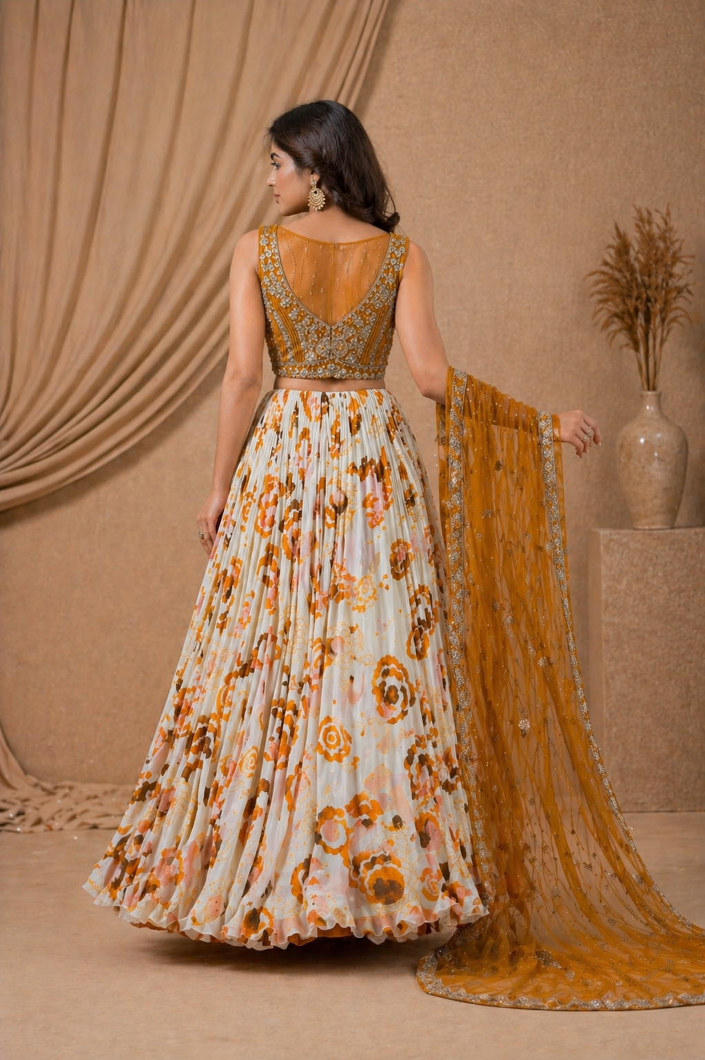 Mustard Yellow & White Floral Printed Lehenga Set with Embroidered Blouse