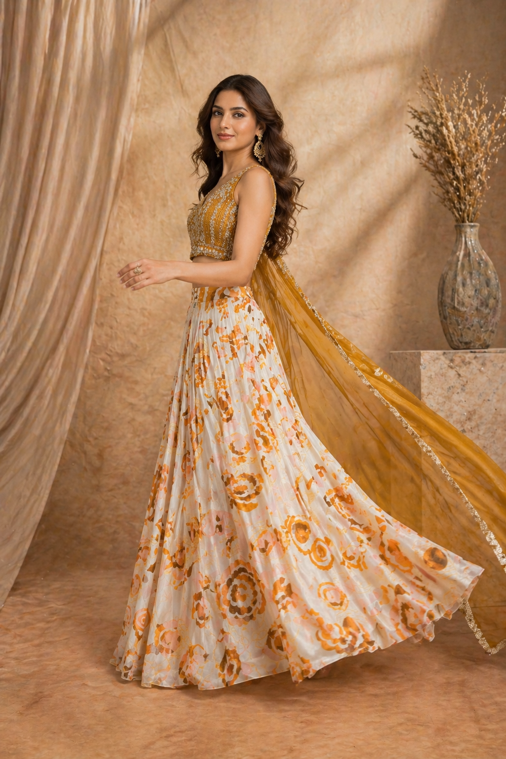 Mustard Yellow & White Floral Printed Lehenga Set with Embroidered Blouse