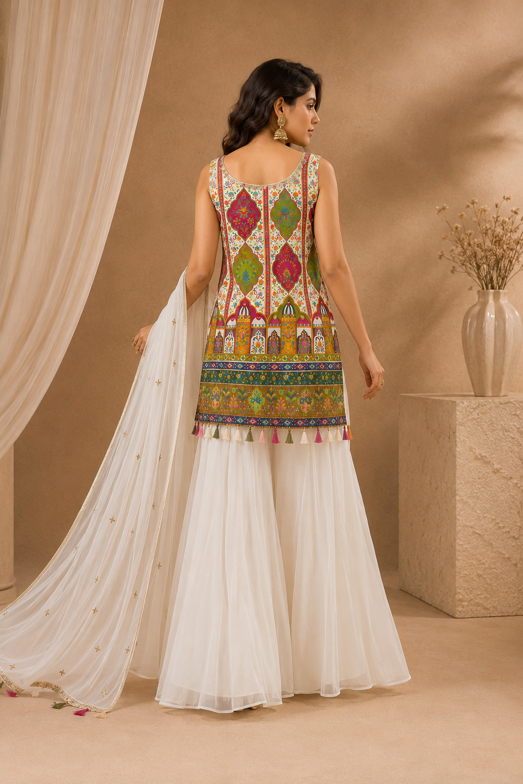 Elegant Multicolor Printed Kurti with White Palazzo Embroidered Dupatta