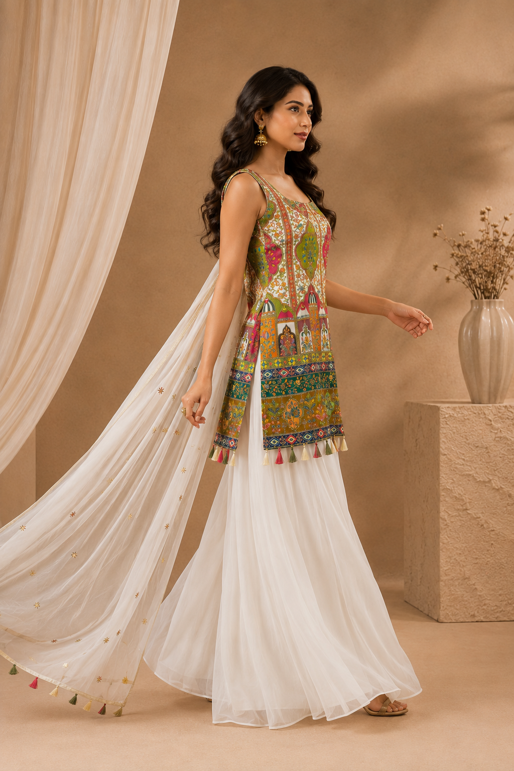 Elegant Multicolor Printed Kurti with White Palazzo Embroidered Dupatta