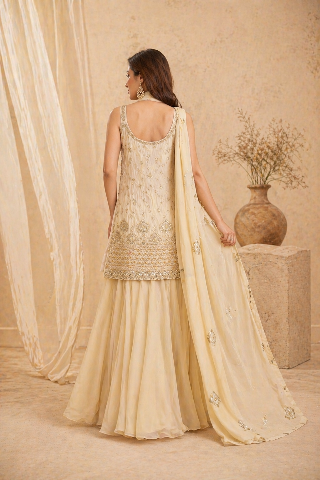 Elegant Cream Embroidered Kurti Sharara Set with Dupatta for Women