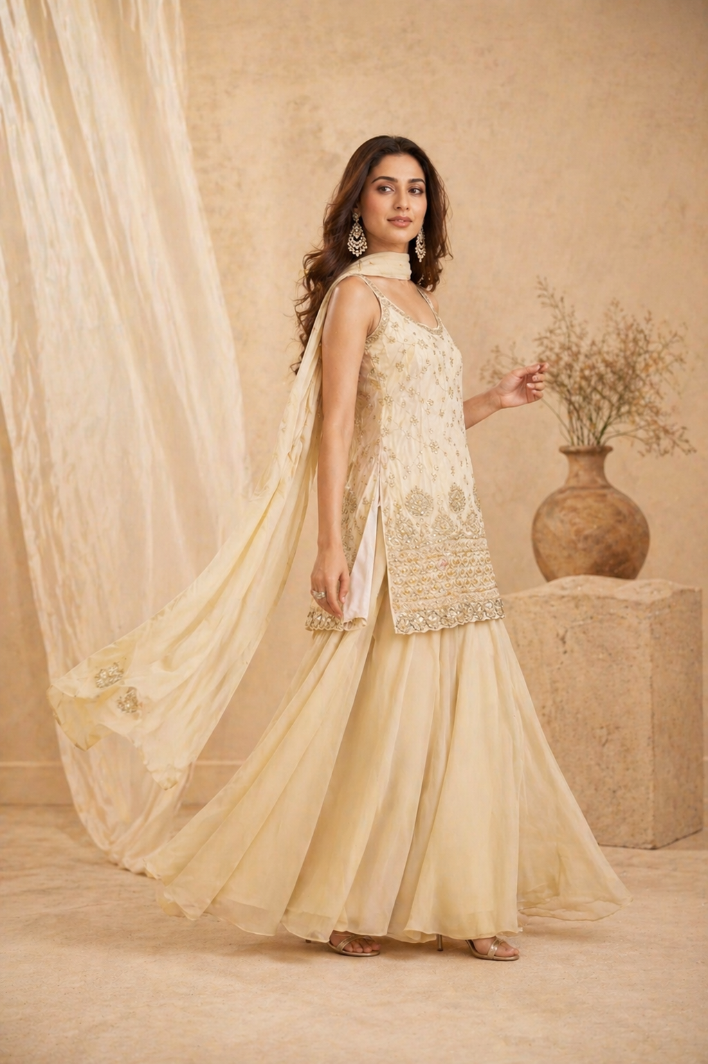 Elegant Cream Embroidered Kurti Sharara Set with Dupatta for Women