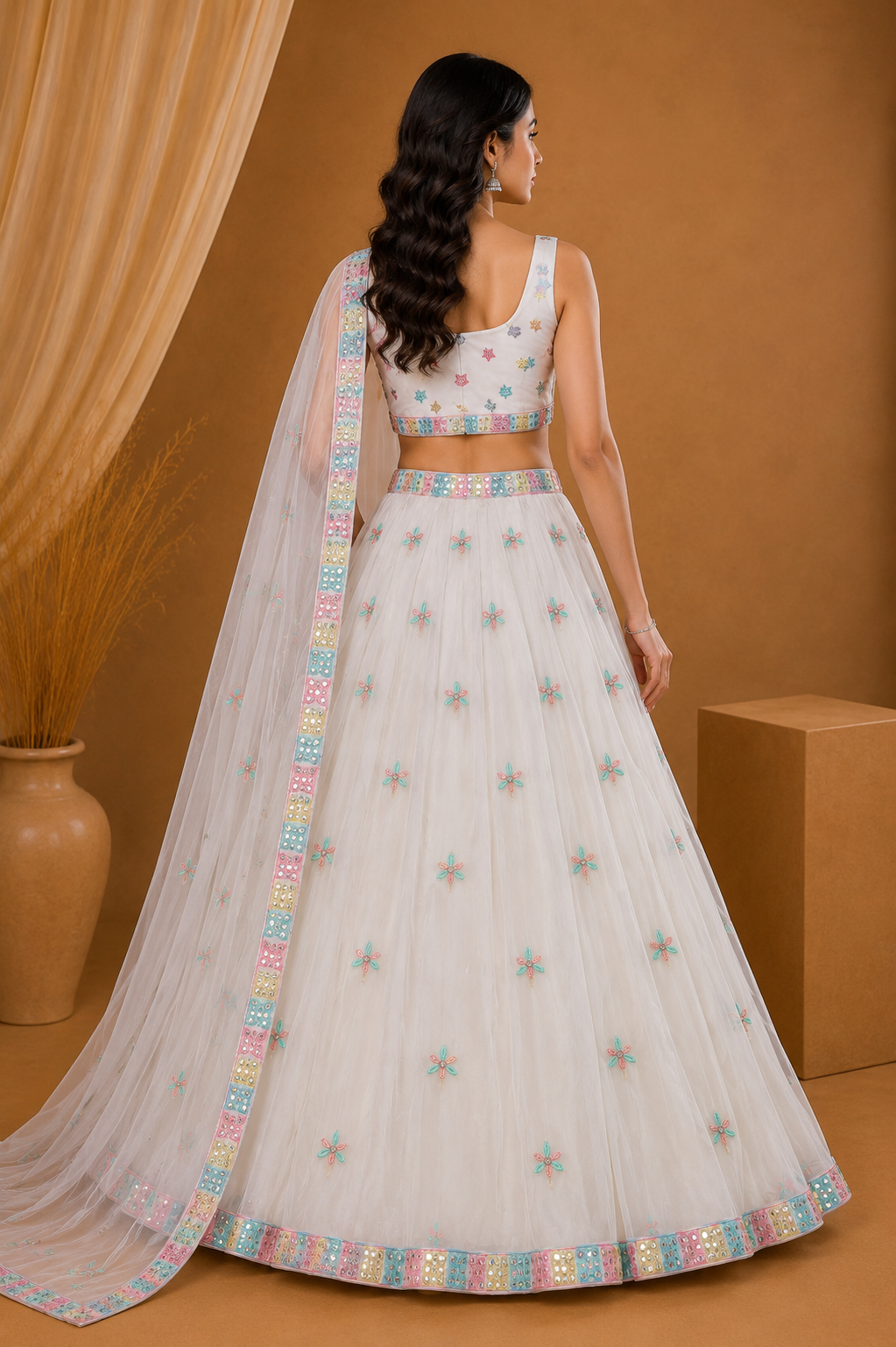 White Pastel Embroidered Lehenga Set with Dupatta
