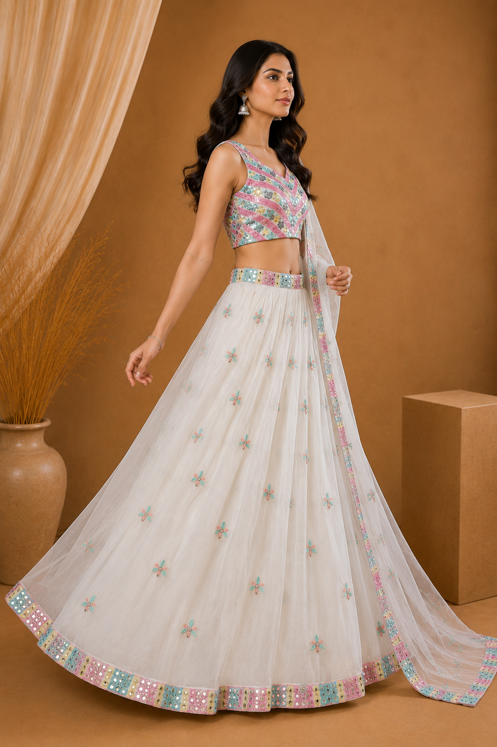 White Pastel Embroidered Lehenga Set with Dupatta