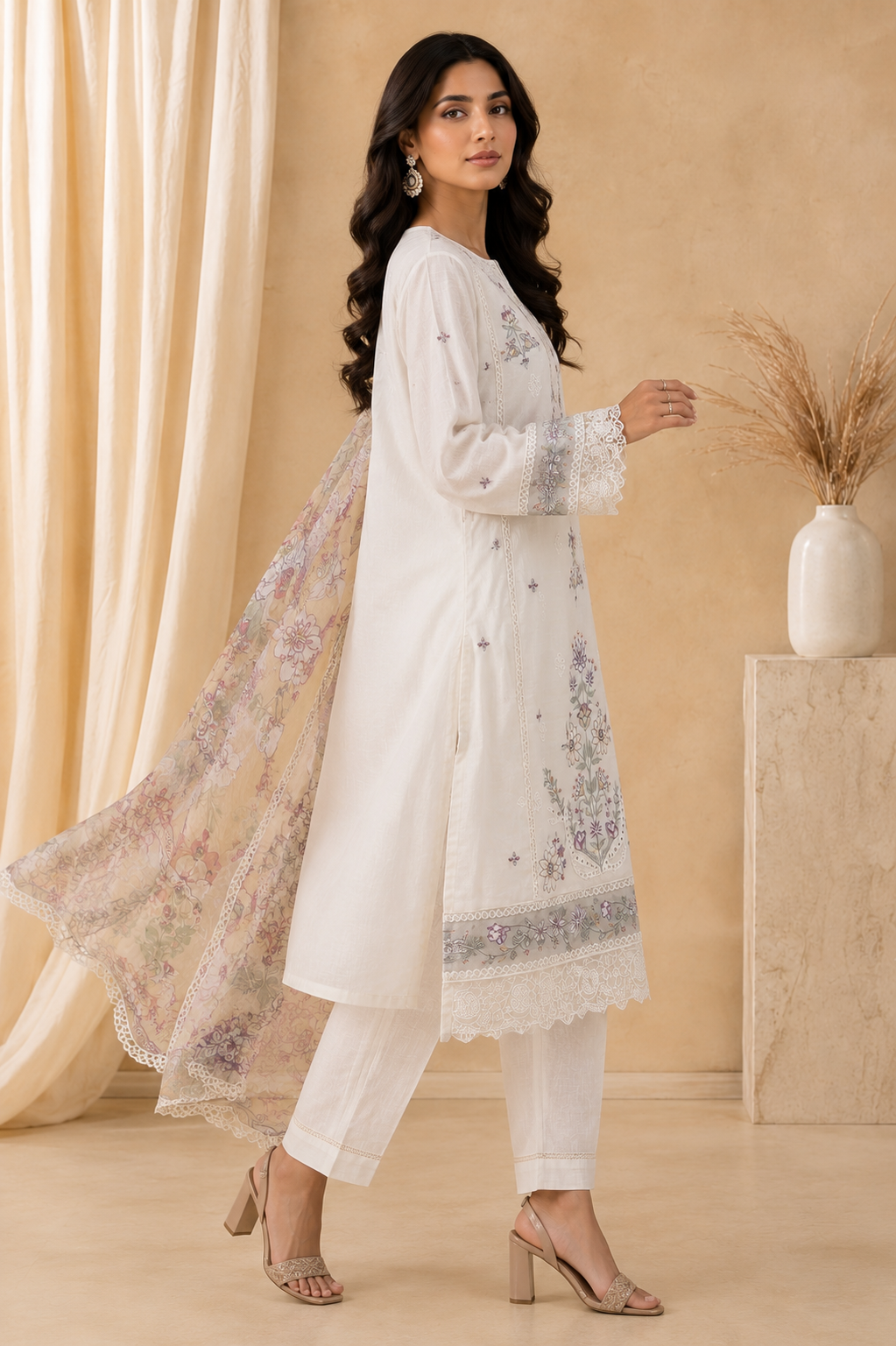 Elegant White Embroidered Lawn Salwar Kameez with Printed Dupatta