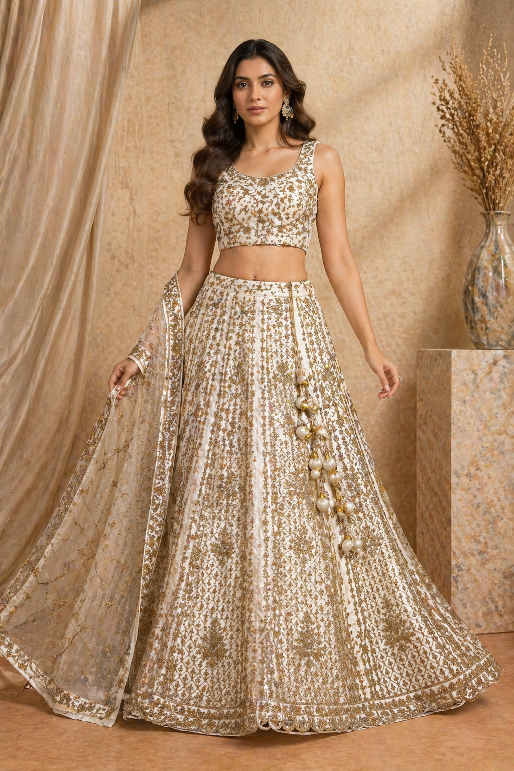 White & Gold Embroidered Lehenga Set with Crop Blouse & Dupatta (semi-stitched)