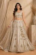 White & Gold Embroidered Lehenga Set with Crop Blouse & Dupatta (semi-stitched)