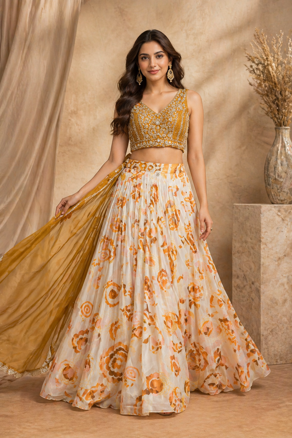 Mustard Yellow & White Floral Printed Lehenga Set with Embroidered Blouse