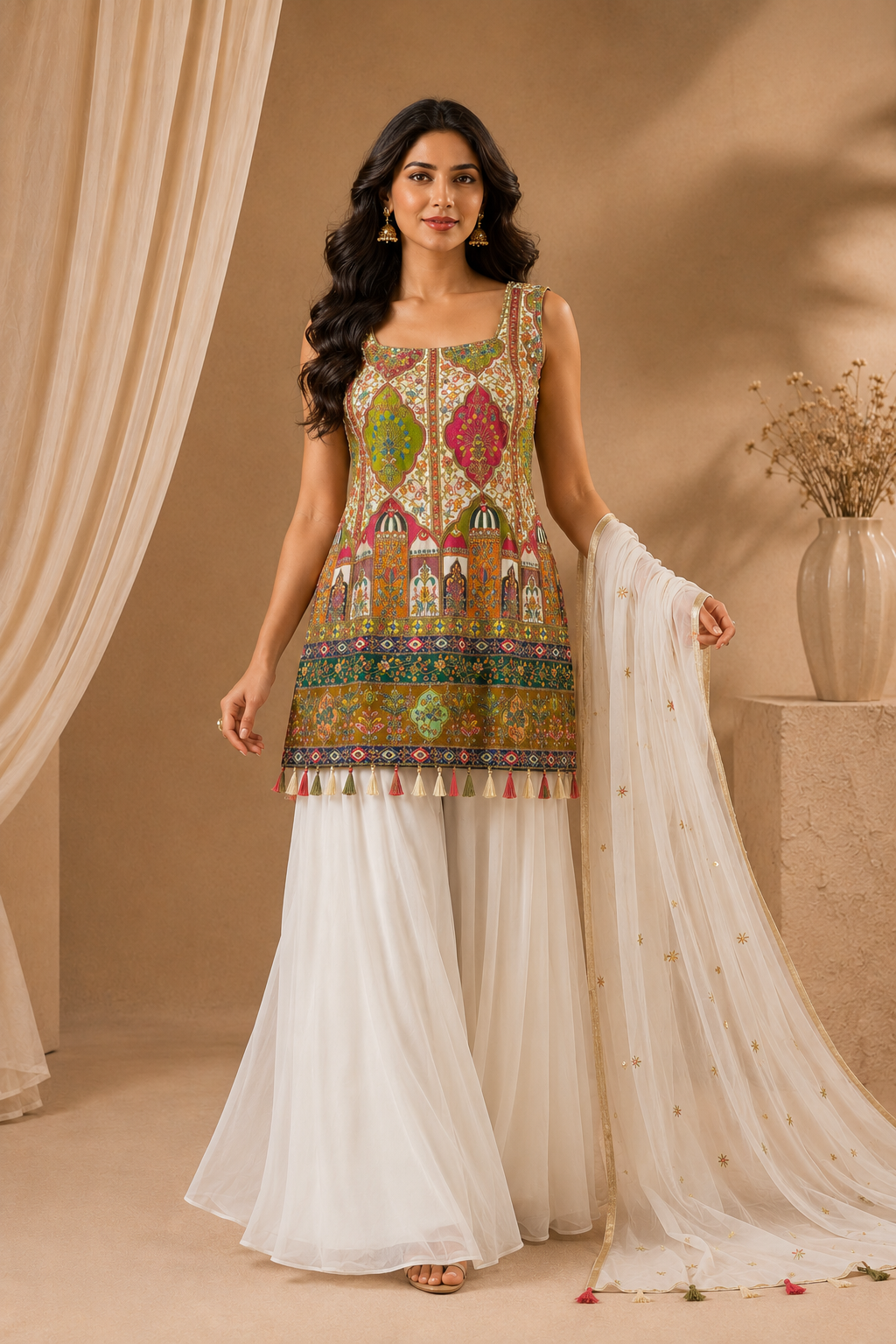 Elegant Multicolor Printed Kurti with White Palazzo Embroidered Dupatta