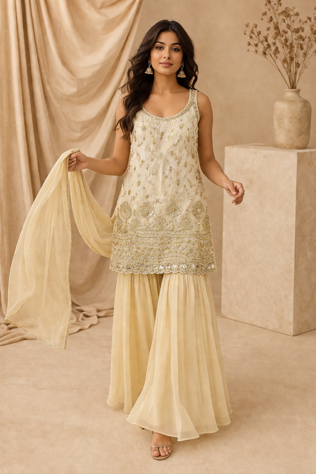 Elegant Cream Embroidered Kurti Sharara Set with Dupatta for Women