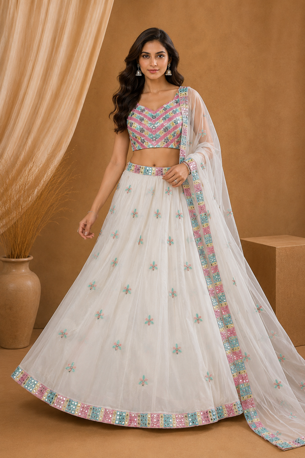 White Pastel Embroidered Lehenga Set with Dupatta