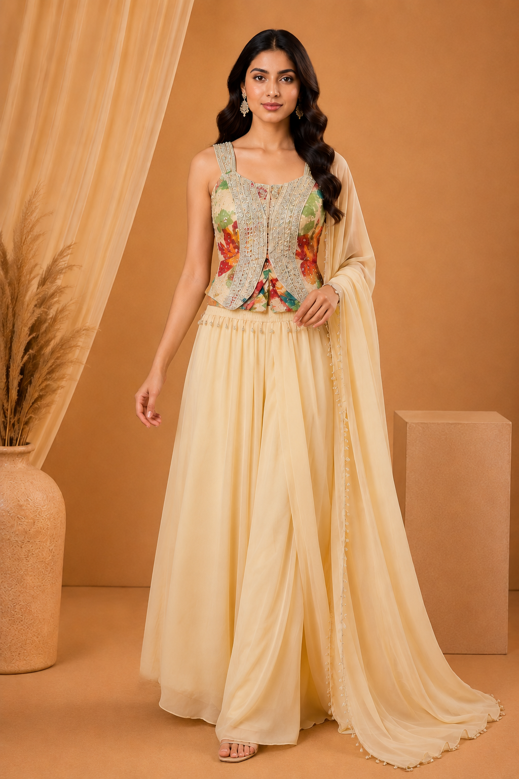 Multicolor Printed Silk Co-Ord Set with Embellished Jacket & Palazzo
