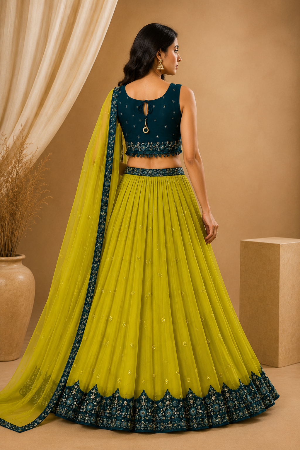 Yellow & Emerald Green Embroidered Lehenga Set with Dupatta