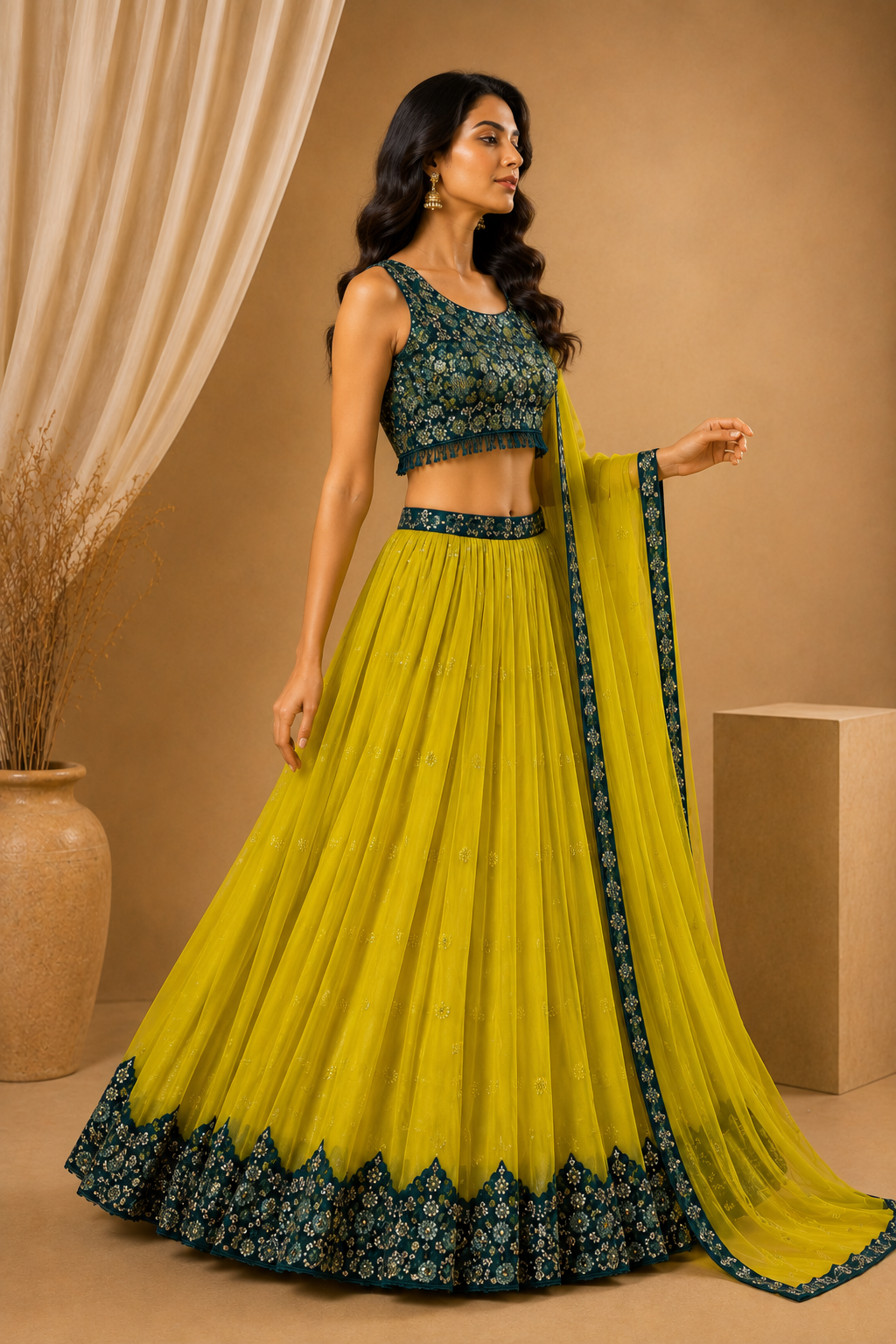Yellow & Emerald Green Embroidered Lehenga Set with Dupatta