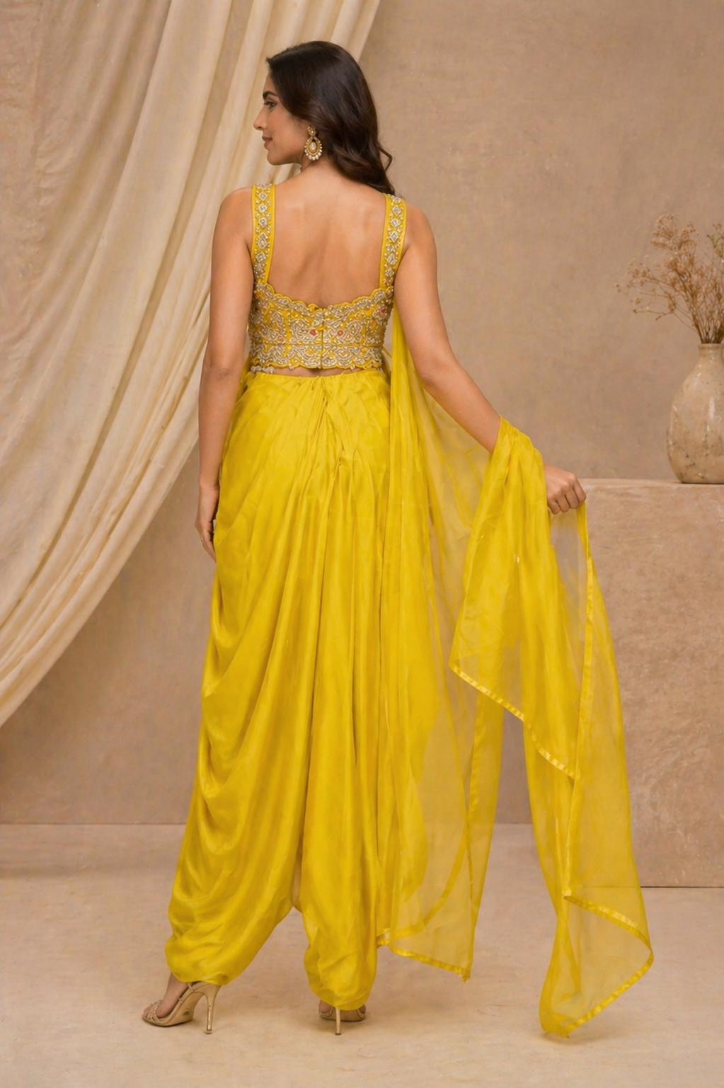 Mustard Yellow Indo-Western Dhoti Set with Embroidered Crop Top