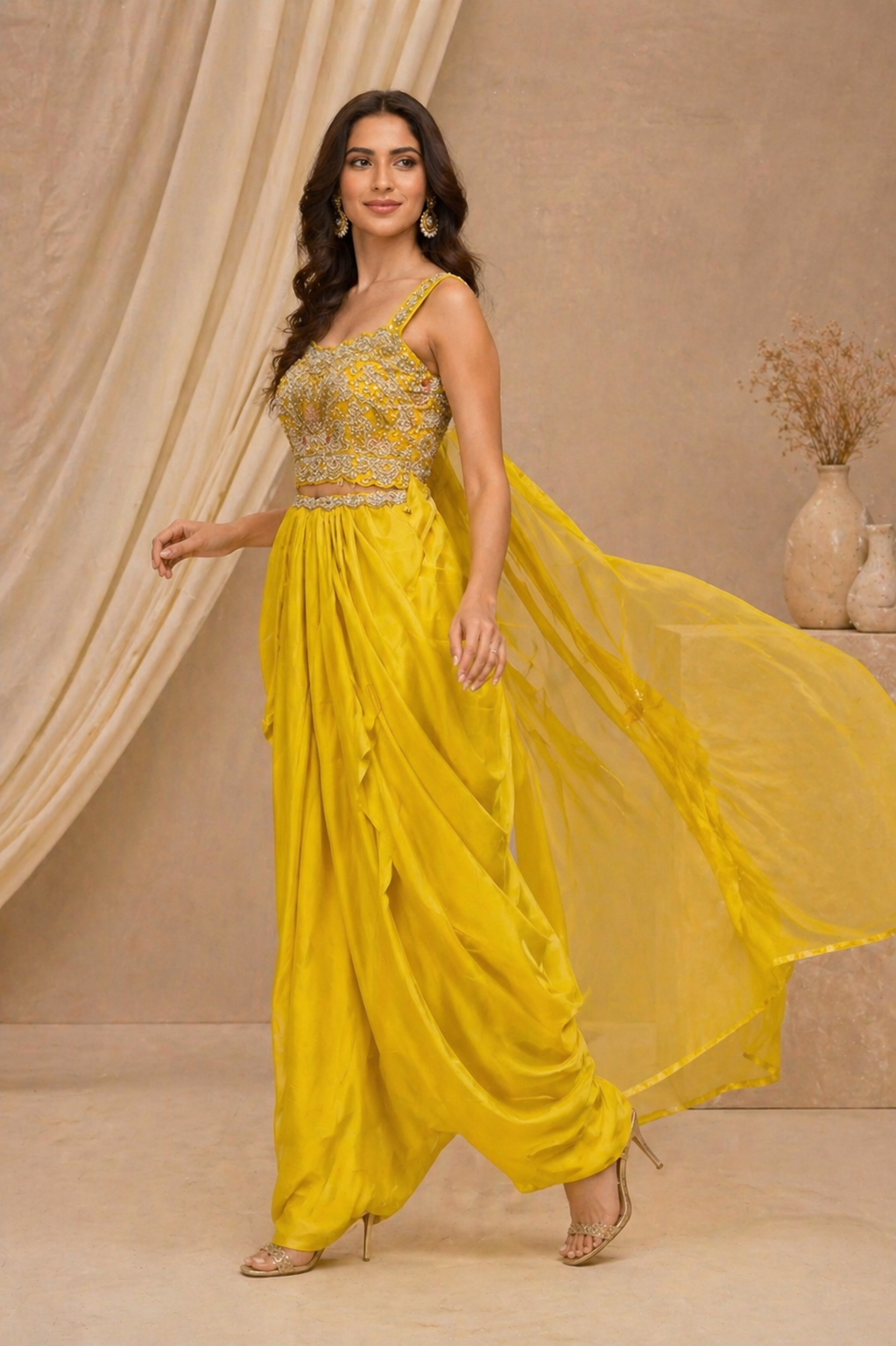 Mustard Yellow Indo-Western Dhoti Set with Embroidered Crop Top