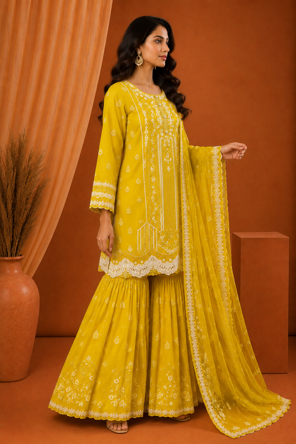 Agha Noor Yellow Embroidered Sharara Suit with Dupatta