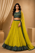 Yellow & Emerald Green Embroidered Lehenga Set with Dupatta