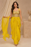 Mustard Yellow Indo-Western Dhoti Set with Embroidered Crop Top