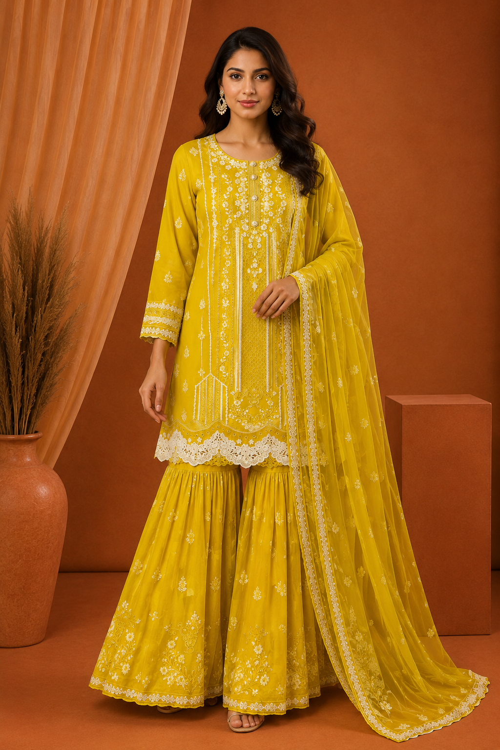 Agha Noor Yellow Embroidered Sharara Suit with Dupatta